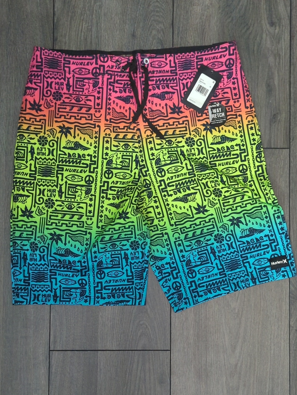 Hurley Boy's Neon Gradient Geo Board Shorts - Pink, Orange, Yellow, Green, Blue